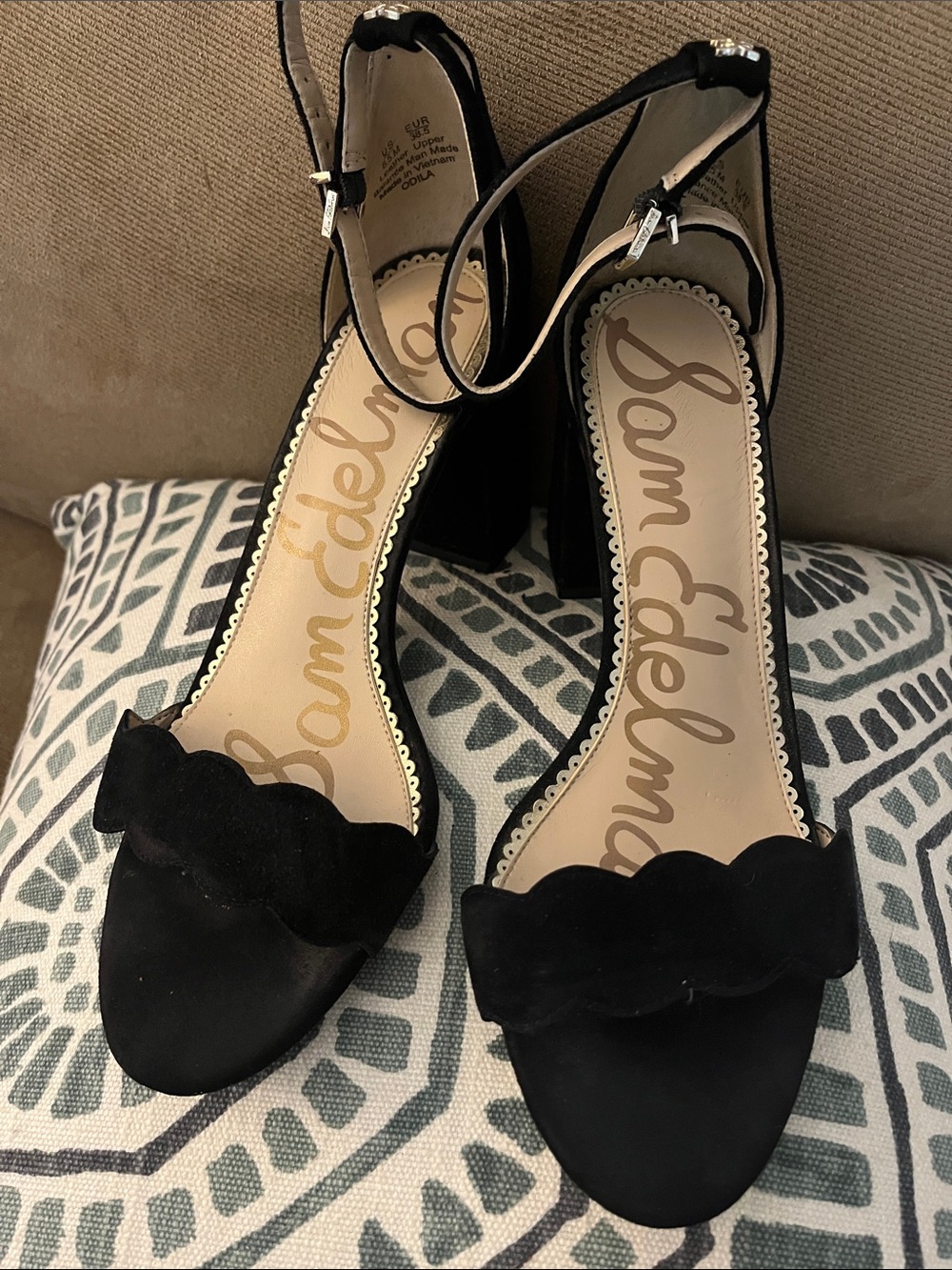 Sam Edelman Black Scalloped Ankle Strap Block Heels